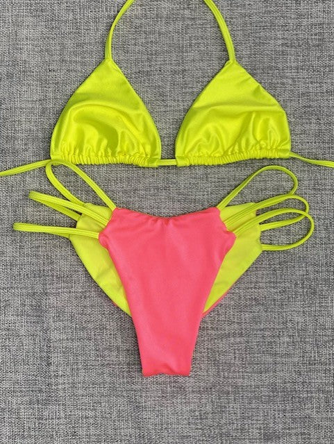 Neon Yellow/Coral 3 Strap Bikini